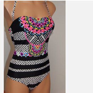 NWT Jessica Simpson Swimsuit 1 one piece Sz M Bandeau Black Multi